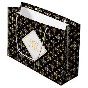 Sacola Para Presentes Grande Monograma Preto e Dourado Quatre Floral