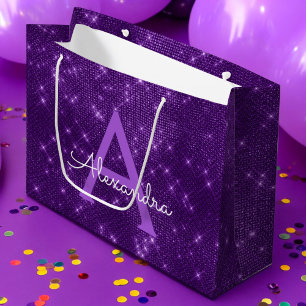 Sacola Para Presentes Grande Monograma roxo da faísca - adicione seu nome