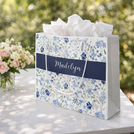 Sacola Para Presentes Grande Monomarca de nome aquarela de flor silvestre azul