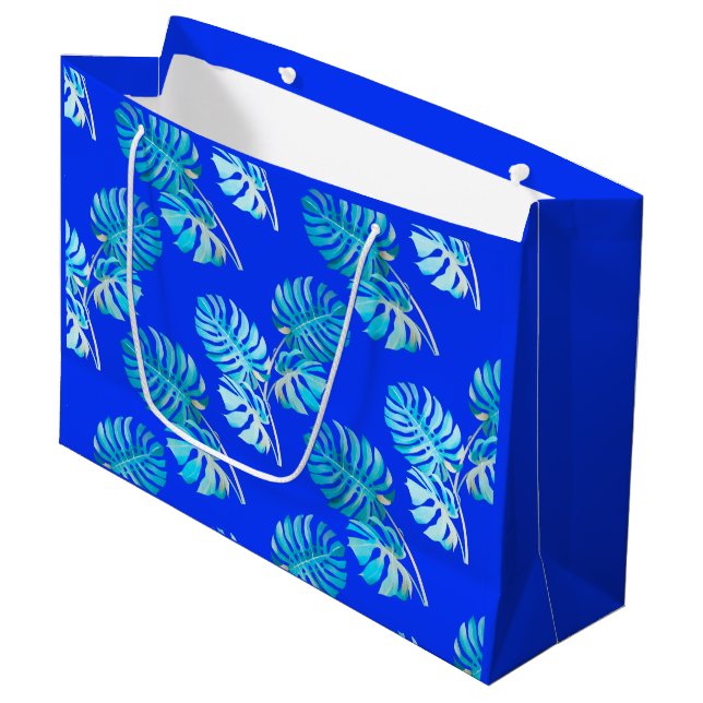 Sacola Para Presentes Grande Monstera Brisa Azul Cobalto (Frente inclinada)