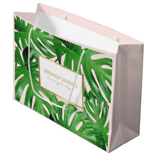 Sacola Para Presentes Grande Monstera tropical aquática deixa rosa