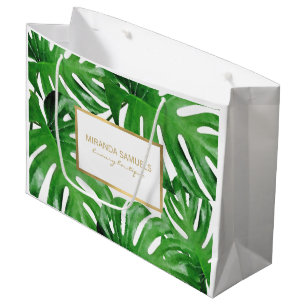 Sacola Para Presentes Grande Monstera tropical de aquarela deixa personalizada