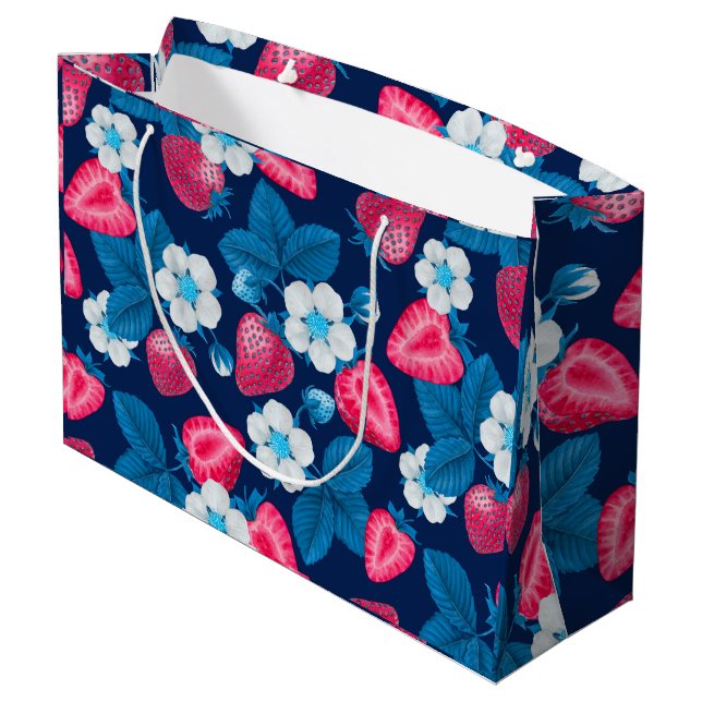 Sacola Para Presentes Grande Morangos cor-de-rosa em azul (Verso inclinado)