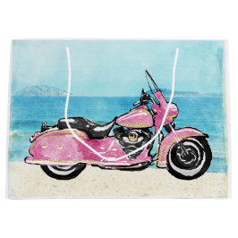 Sacola Para Presentes Grande Motocicleta rosa na praia