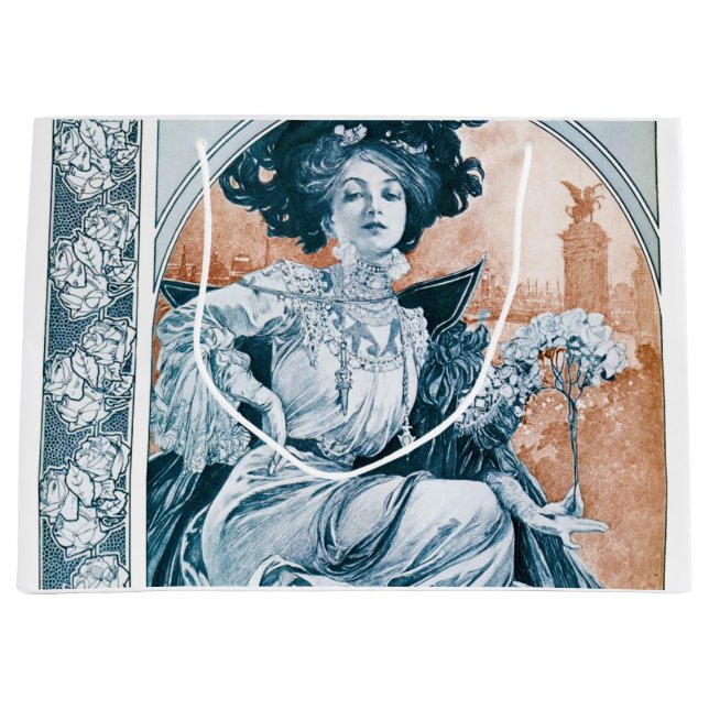 Sacola Para Presentes Grande Mulher com Rosa, Mucha (Frente)