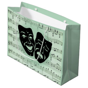 Sacola Para Presentes Grande Música Verde e Máscaras Gregas de Teatro