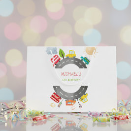 Sacola Para Presentes Grande Na estrada veículos felizes, aniversário do garoto