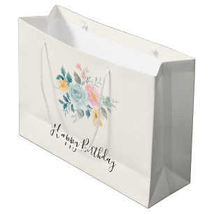 Sacola Para Presentes Grande Na moda cor-de-rosa e Buquê azul-flor Aniversário