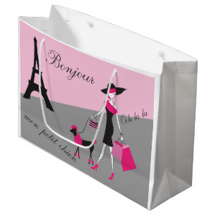 Sacola Para Presentes Grande Na mulher de Paris e o rosa e o preto do cão