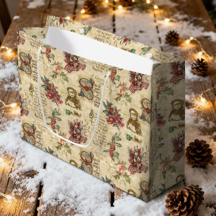 Sacola Para Presentes Grande Natais vintages Ephemera, Holly & Texto do Ornamen