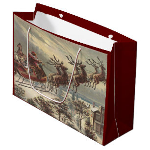 Sacola Para Presentes Grande Natais vintages, Papai Noel Vitoriano em Sleigh