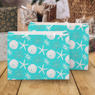 Sacola Para Presentes Grande Natal Beach Sand Dollar Starfish Aqua Costeira