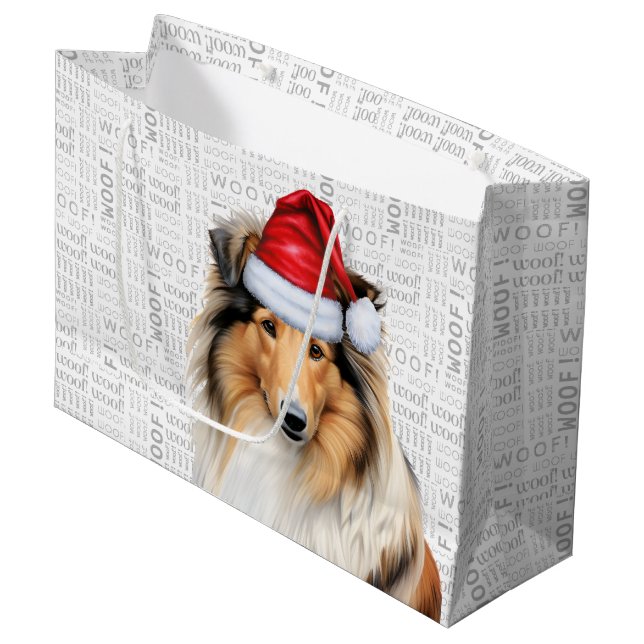 Sacola Para Presentes Grande Natal Collie Dog Lover Woof Words Holiday (Frente inclinada)