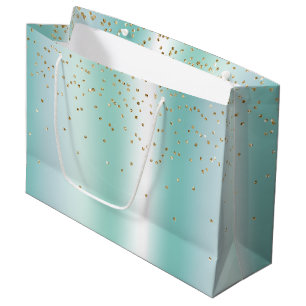 Sacola Para Presentes Grande Natal Confetes Dourado Branco Água Hortelã