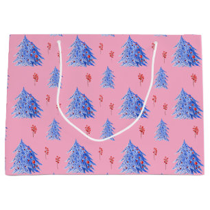 Sacola Para Presentes Grande Natal cor-de-rosa das árvores azuis Holly Berries