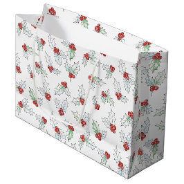 Sacola Para Presentes Grande Natal em Aquarela com Folhas de Azevinho e Bagas V