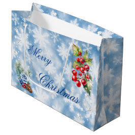 Sacola Para Presentes Grande Natal Feliz Mirtilos de Azevinho Azul Branco Floco