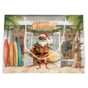 Sacola Para Presentes Grande Natal havaiano Papai Noel está segurando prancha d