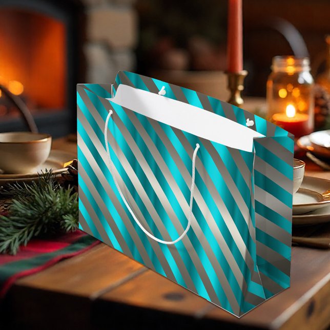 Sacola Para Presentes Grande Natal Moderno do Aqua Strik Silver (Silver Striped Aqua Modern Christmas Gift Bag by the Olde Christmas Shoppe)