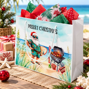 Sacola Para Presentes Grande Natal na Praia com Churrasco do Papai Noel Surfist