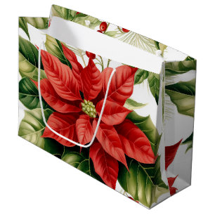 Sacola Para Presentes Grande Natal Poinsettia Holly Berry Red Green
