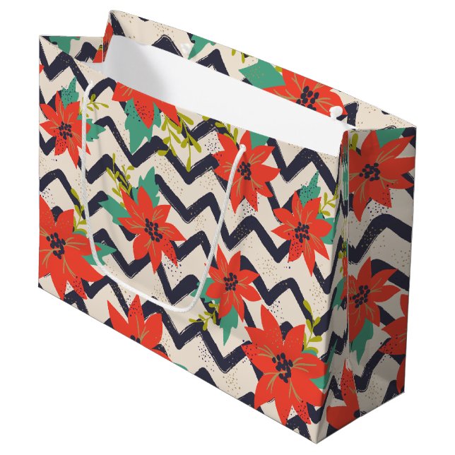 Sacola Para Presentes Grande Natal Red Poinsettia Black & White Chevron (Frente inclinada)