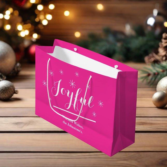 Sacola Para Presentes Grande Natal Rosa Quente Moderno com Script de Presente J (Joyful hot pink gift bag)