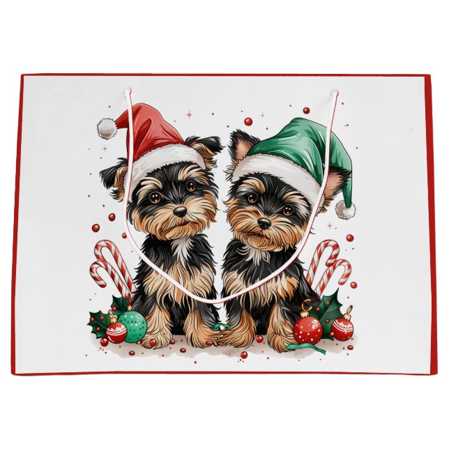 Sacola Para Presentes Grande Natal Yorkshire Terrier Dogs (Frente)