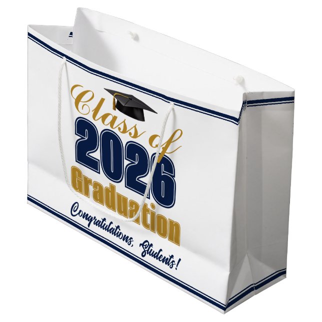 Sacola Para Presentes Grande Navy Blue Gold Class of 2026 Graduation Party (Frente inclinada)
