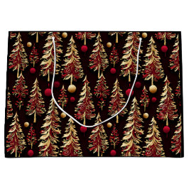 Sacola Para Presentes Grande Negro clássico, Borgonha e Árvores de Natal Dourad