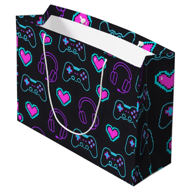Sacola Para Presentes Grande Neon Gamer Controller and Hearts Pattern (Verso inclinado)