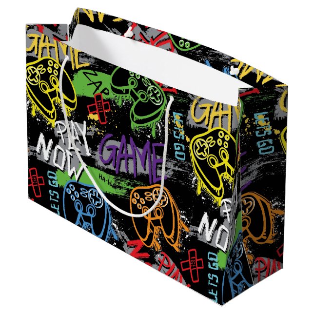 Sacola Para Presentes Grande Neon Graffiti Gaming Pattern (Verso inclinado)