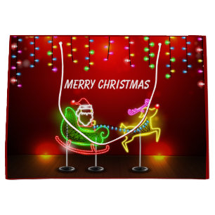 Sacola Para Presentes Grande Neon Lights Papais noeis e Rudolph