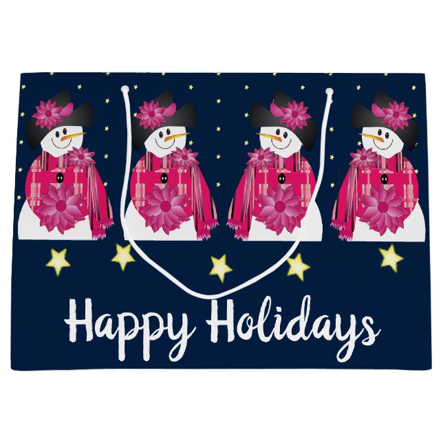 Sacola Para Presentes Grande Neve Azul Escuro E Rosa (Frente)