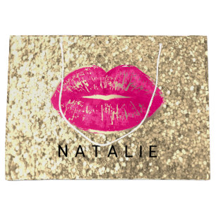 Sacola Para Presentes Grande Nome Bridal Rosa Beijo Lábios Glitter Champanhe D