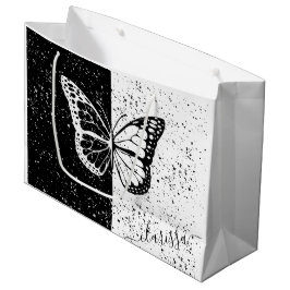 Sacola Para Presentes Grande Nome da Caligrafia da Borboleta Preta e Branca Ele