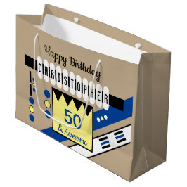 Sacola Para Presentes Grande Nome de aniversário especial do marco azul amarelo