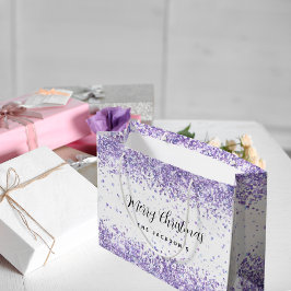 Sacola Para Presentes Grande Nome de brilho de violeta branca de Natal