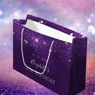 Sacola Para Presentes Grande nome de faísca de brilho roxo de festa de aniversá