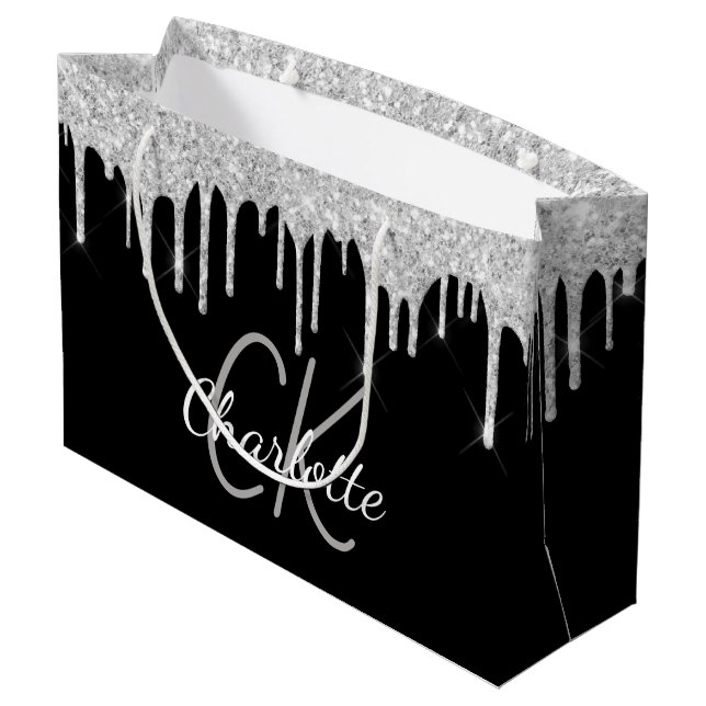 Sacola Para Presentes Grande Nome de monograma de prata preta moderno e elegant (Verso inclinado)