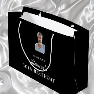 Sacola Para Presentes Grande Nome do monograma branco preto de aniversário