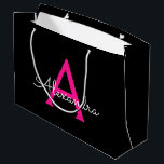 Sacola Para Presentes Grande Nome do Monograma Girly Black Script Hot-Pink<br><div class="desc">Nome do Monograma Simples,  Preto e Rosa Quente,  Gift Bag. Isto faz o doce e perfeito presente de 16 anos,  casamento,  chá de panela,  aniversário,  chá de fraldas ou festa de solteira para alguém que ama luxo de glama e estilos quíticos.</div>