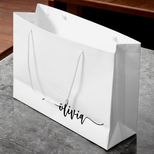 Sacola Para Presentes Grande Nome do Monograma Girly de Script Moderno Branco N