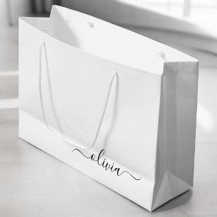 Sacola Para Presentes Grande Nome do Monograma Girly de Script Moderno Branco N
