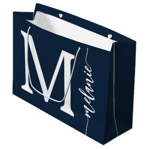 Sacola Para Presentes Grande Nome do Monograma Moderno Marinho Script Branco Gr
