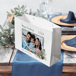 Sacola Para Presentes Grande Nome do pinho branco da foto da família de Natal