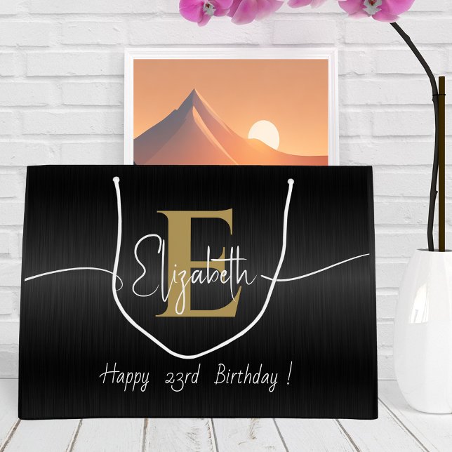 Sacola Para Presentes Grande Nome do Script Dourado Monograma do Elegante Black (Criador carregado)