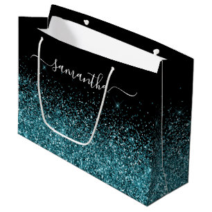 Sacola Para Presentes Grande Nome Elegante de Glitter de Teal Preto e Escuro