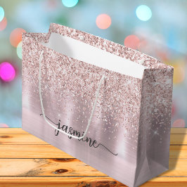 Sacola Para Presentes Grande Nome em Rótulo Monograma com Brilho em Rosa Dourad