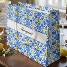 Nome Monograma Aquarela Azulejo Azul Limão Amarelo